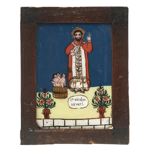 Hinterglasbild. Spanien. Hl. Nikolaus von Myra (Bari). Farbablösungen. 20 x 14 cm.