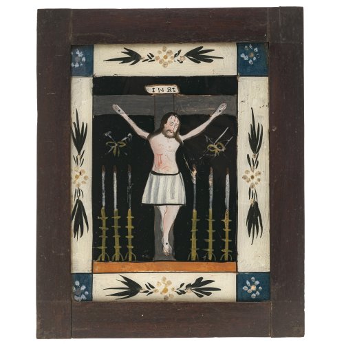 Hinterglasbild. Gekreuzigter Christus. Farbablösungen. 24,5 x 19 cm.