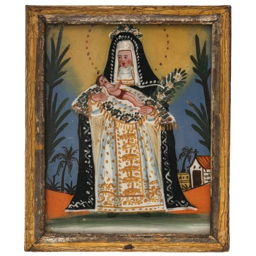 Hinterglasbild. Spanien. Gottesmutter mit Kind. 24,5 x 18,5 cm. Glas mit Kratzspuren, Rahmen besch.