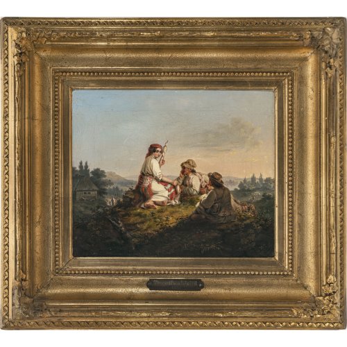 Riedel, August, zugeschrieben. Junge Südländerin mit zwei Hirten in hügeliger Landschaft.  Öl/Lw. 24 x 29 cm. Rest., doubl. Restsignatur.