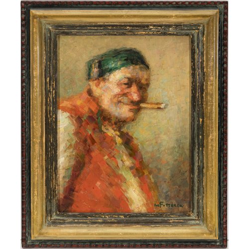 Futterer, Josef. Zigarre rauchender Bauer. Öl/Lw. 31,5 x 23,5 cm. Sign. 