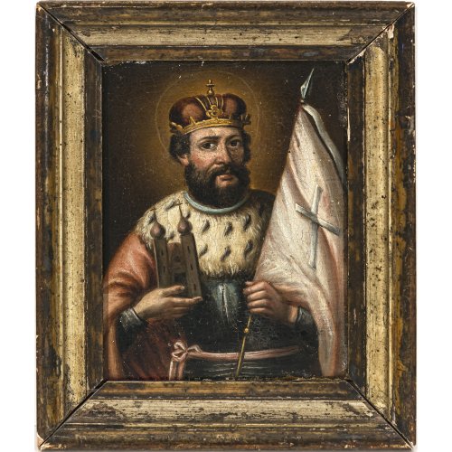 Hl. Heinrich. Deutsch, 19. Jh. Hl. Heinrich mit Modell des Bamberger Doms und Missionsfahne. Öl/Lw., 17,5 x 13,5 cm. Craquelée und kleinere Farbabsplitterungen.