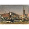 Kips, Erich. Ansicht vom Hamburger Hafen. Öl/Holz. 23 x 33,5 cm. Leicht besch. Sign.