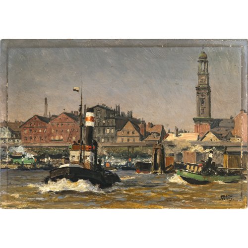 Kips, Erich. Ansicht vom Hamburger Hafen. Öl/Holz. 23 x 33,5 cm. Leicht besch. Sign.