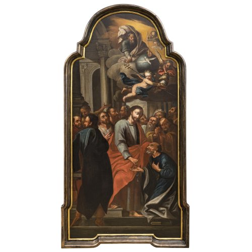 Italien, 17./18. Jh. Christus übergibt Petrus den Schlüssel zum Himmelreich. Öl/Lw. 175 x 81 cm. Rest., doubl. Unsign.