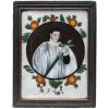 Hinterglasbild. Süddeutsch. Hl. Aloysius in runder Kartusche, umgeben von Blumen und Blättern. Farbabrieb, Rahmen besch., rep. Tempera/Glas. 23 x 23,5 cm.