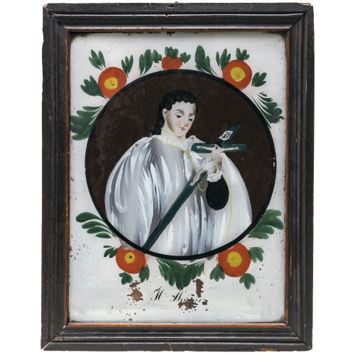Hinterglasbild. Süddeutsch. Hl. Aloysius in runder Kartusche, umgeben von Blumen und Blättern. Farbabrieb, Rahmen besch., rep. Tempera/Glas. 23 x 23,5 cm.