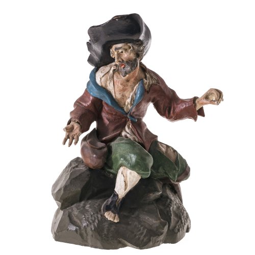 Bettlerfigur. Südtirol. Holz, Farbfassung. Besch. H.24 cm.