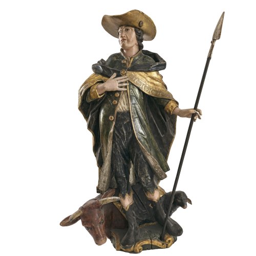 Hl. Wendelin. Süddeutsch, 18. Jh. Holz, übergangene Farbfassung. Leicht besch., rest. H. 126 cm.