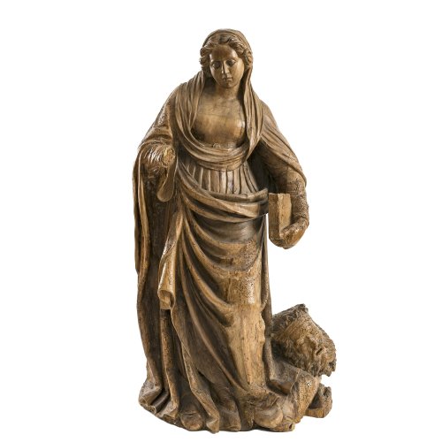 Hl. Katharina von Alexandrien. Niederrhein, 17. Jh. Holz, ungefasst. Besch., wurmstichig. H. 95 cm.