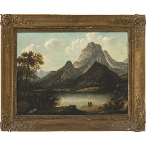 Gurlitt, zugeschrieben. See vor Gebirgslandschaft. Öl/Holz. 38,5 x 51,5 cm. Leicht besch. Unsign., rücks. bez. 