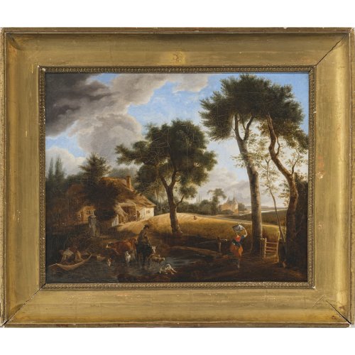 Niederlande, 19. Jh. Hirte mit seinen Tieren und Wasserträgerin vor Bauerngehöft. Öl/Lw. 48 x 60 cm. Craquelé, rest. Unsign.