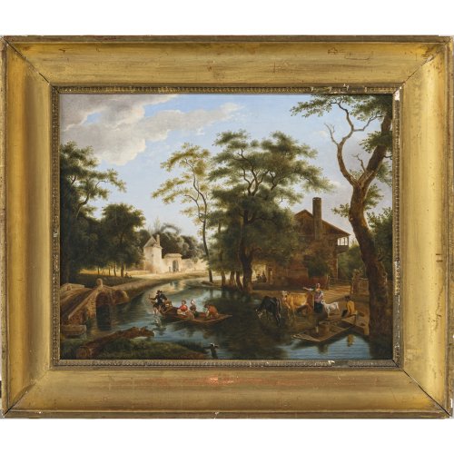 Niederlande, 19. Jh. Landschaft mit Bauernfamilie und ihren Tieren an einem Fluß. Öl/Lw. 50 x 60 cm. Leichtes Craquelé, rest. Unsign.