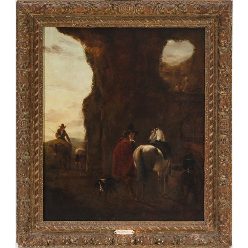 Asselyn, Jan, zugeschrieben. Reiter vor einer Ruine, mit Hirte und Esel. Öl/Holz. 65 x 54 cm. Rest., rechts Reste einer Signatur. Geschnitzter Originalrahmen. Rückss. Wachssiegel.