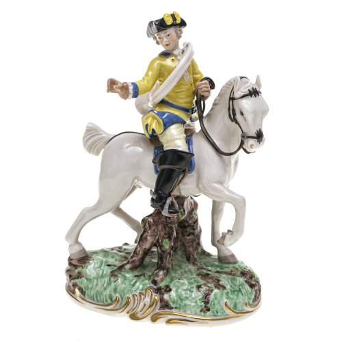 Reiterfigur. Porzellan, farbig staffiert. Frankenthal/Nymphenburg. Min. rest. H. 17,5 cm.