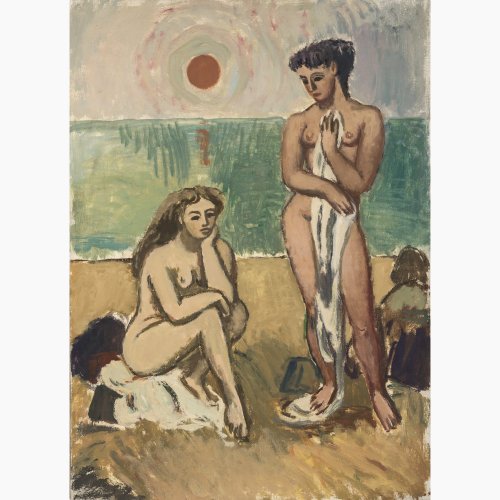 Geiseler, Hermann. Stehendes und sitzendes Mädchen am Strand. Öl/Lw. 70 x 50 cm. Rücks. Nachlassstempel. Unsign.