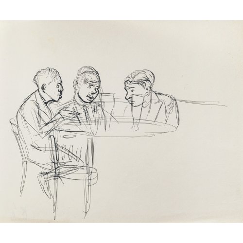 Hubbuch, Karl. Drei Männer am Tisch. Tuschfederzeichnung/Papier. 22,5 x 27 cm. Rücks. Nachlassstempel.