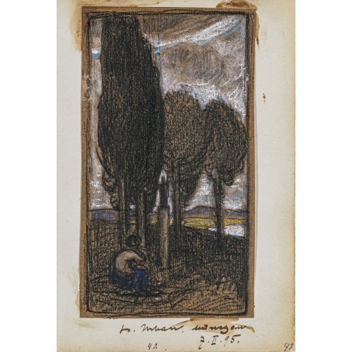 Urban, Hermann. Sitzender Mann unter Bäumen. Kreide /Papier. 15,5 x 8,8 cm. Sign., dat. 1895.