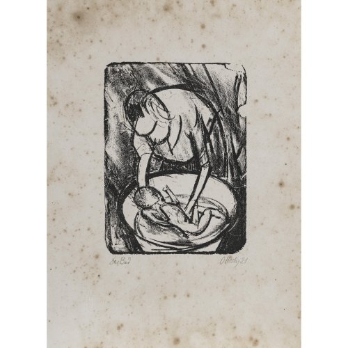 Herbig, Otto. Das Bad. Lithografie. 22 x 16,5 cm (Platte), 41,2 x 29,7 cm (Blatt). Stockfleckig. Sign., dat. 21.
