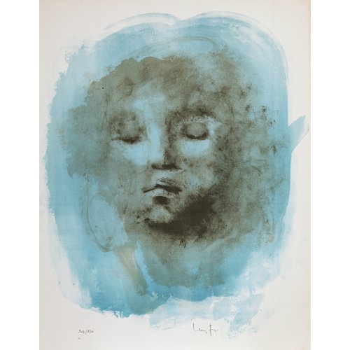 Fini, Leonor. Porträt (braun auf blau), wohl 1960er. Lithografie aus Arches Velin Papier. 65 x 49 cm. Sign. unten rechts, nummeriert unten links 204/230.