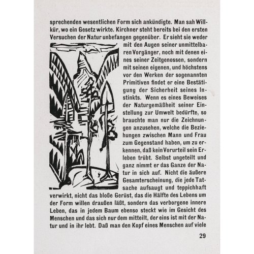 Kirchner, Ernst Ludwig. Bergtannen. Originalholzschnitt, 1925. 11,2 x 5,5 cm das Blatt, Seitengröße 26,4 x 20,5 cm. Edition 2000.
Anbei Echtheitszertifikat Ferdinand Roten Galleries, Baltimore, USA.