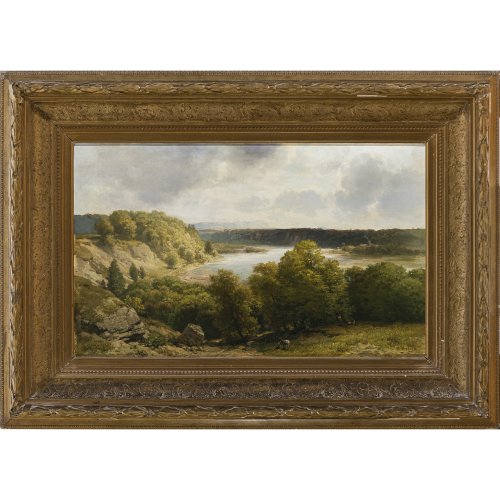 Gebhardt, Ludwig. Sommerlicher Blick auf den Starnbergersee, im Hintergrund die Zugspitze. Öl/Lw. 50 x 80 cm. Rest., sign.