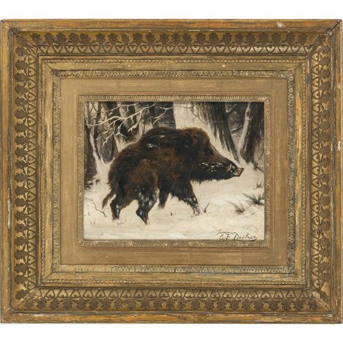 Deicker, Carl Friedrich. Keiler im Winterwald. Öl/Lw. 22,5 x 29 cm. Sign.