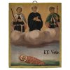 Votivtafel. Bayern, 19. Jh. Zwei Pilger und Heiliger mit Rosenkranz. Darunter Wickelkind. bez.: Ex=Voto.
