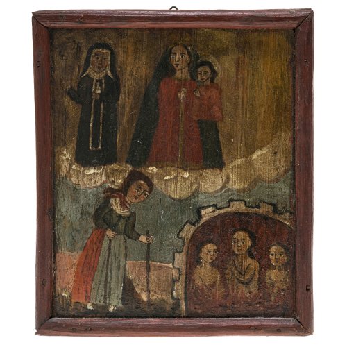 Votivtafel. Bayern, 19. Jh. Hl. Walburga und Muttergottes mit Kind. Darunter Frau mit zwei Stöcken und arme Seelen im Fegefeuer.