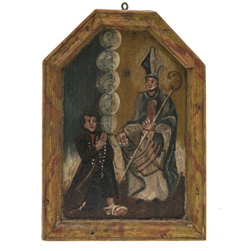 Votivtafel. Hl. Erasmus mit Winde und Bischofstab, daneben betender Votant mit eingebundenem Fuß. 17 x 12 cm. Rücks. bez.:
