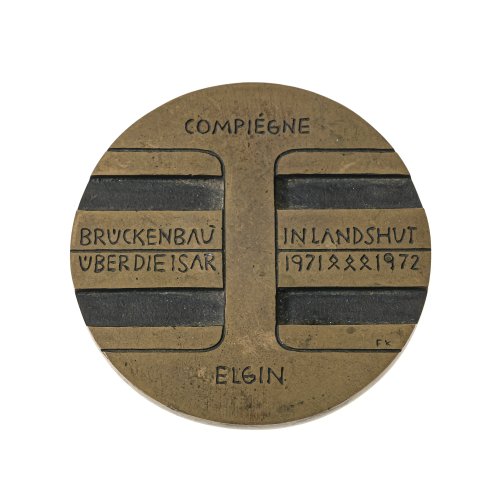 Koenig, Fritz. Medaille anlässlich des Brückenbaues über die Isar in Landshut 1971-1972 zur Städtepartnerschaft. Aufl. 50 Ex. ø 6,7 cm. Monogr.