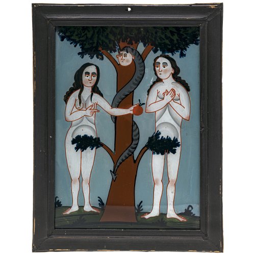Hinterglasbild Adam und Eva am Baum der Erkenntnis. Tempera auf Glas. Buchers / Sandl. Ca. 28,4 x 20,9 cm.