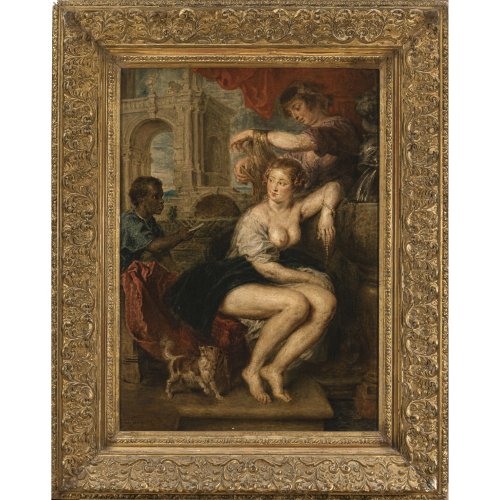 Grützner, Eduard von. Batheseba im Bade. Kopie nach dem Gemälde von Pieter Paul Rubens (Staatliche Kunstsammlungen Dresden). ÖL/Lw. 88,5 x 63,5 cm. Rest., sign. Rücks. bez.: