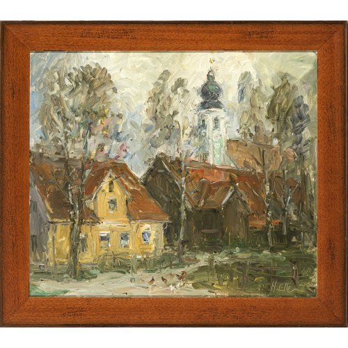 Eller, Hermann. Blick auf ein kleines Dorf mit Kirche und Häusern. Öl/Karton. 59 x 68,5 cm. Sign.