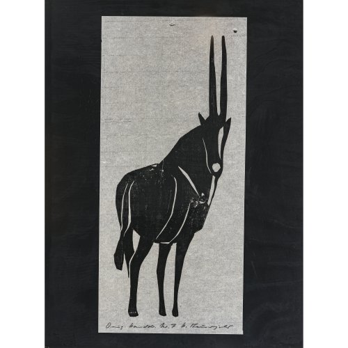 Theuerjahr, Heinz. Stehende Antilope. Holzschnitt. 73 x 34 cm. Sign., bez.: Orig. Handabz. Nr. 7. Kleines Loch in der oberen rechten Ecke, kleiner Riss. Sign.