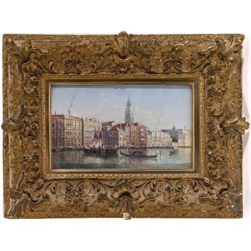 Carnier, Henri. Blick auf San Marco vom Canale Grande aus. Öl/Lwd. 18,3 x 31,2 cm. Signiert.