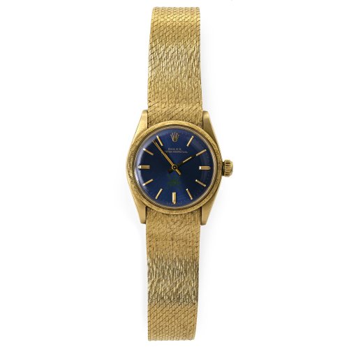Armbanduhr, Rolex Oyster Perpetual. Mit Milanaisarmband. Mit Rolex-Etui und Papieren. Tragespuren, Werk überholungsbedürftig, nicht auf Gangbarkeit geprüft.