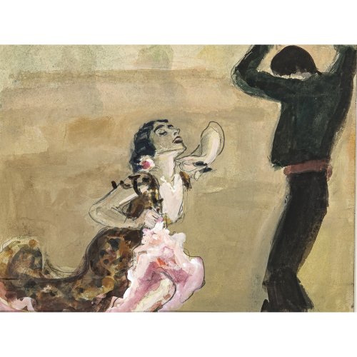 Lichtenberger, Hans Reinhold, zugeschrieben. Flamencopaar. Mischtechnik/Papier. 24 x 31 cm. Unsign. Riss im Blatt unten links. In Passepartout und hinter Glas.