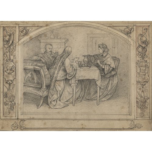 Petzel, Joseph, zugeschrieben. Zwei Bleistiftzeichnungen, vermutlich Entwürfe für Wanddekorationen. Je ca. 20 x 30 cm. Stockfleckig. Ein Blatt dat. 