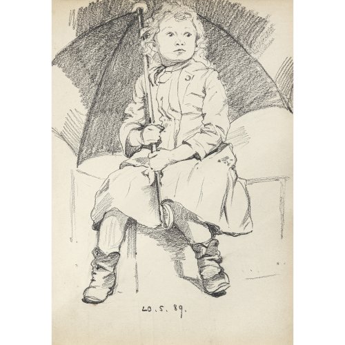 Bek-Gran, Hermann, zugeschrieben. Drei bzw. vier Zeichnungen. Kleines Mädchen mit Regenschirm, zwei Studien mit sitzendem
 Knaben und junger Frau lesend, zudem liegender Frauenakt. Bleistift/Kreide/Papier.