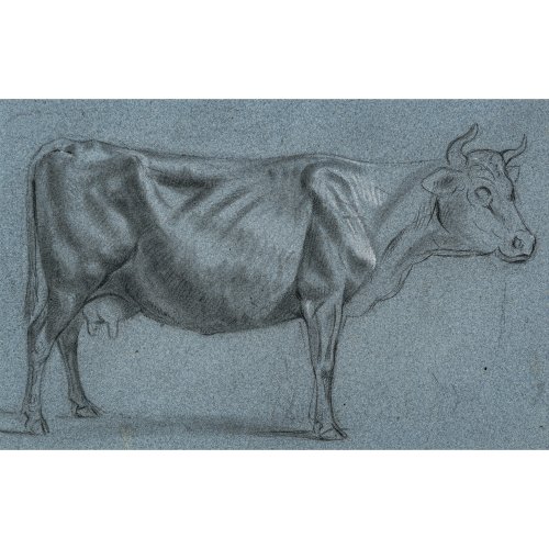 Adam, Benno. Drei Tierzeichnungen. Kuhherde und zwei Studien von einer Kuh. Mischtechnik/(getöntes)Papier. 19,5 x 29, 19, 5 x 22,5 und 19 x 29 cm. Ein Blatt vorderseit. und zwei Blätter rücks. sign. In Passepartout und gerahmt.