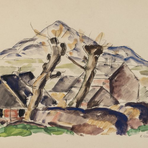 Schröder, Heinrich. Landschaft mit Kopfweiden. Aquarell. 28,5 x 38 cm. Sign., dat. 20.II.20.