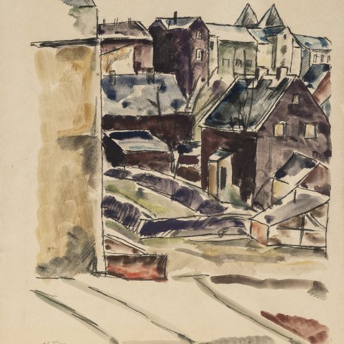 Schröder, Heinrich. Hinterhöfe (München). Aquarell. 38 x 28,7 cm. Sign., dat. 26.II.20