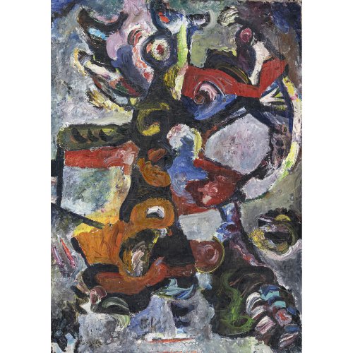 Deutsch, 60'er Jahre. Abstrakte Komposition. Öl/Lw. 100 x 70 cm. Leinwand durch kleines loch besch. Unles. sign., dat. 67
