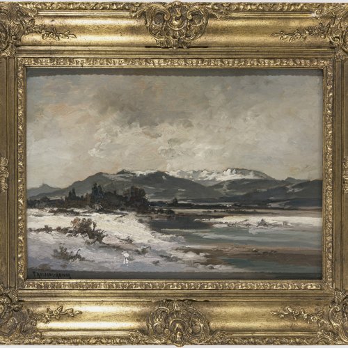 Halberg-Krauss, Fritz. Wintertag im Alpenvorland. ÖL/Malkarton. 35,5 x 50 cm. Sign.