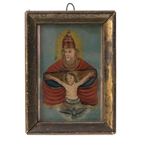 Hinterglas. Süddt., 19. Jh. Gnadenstuhl, Tempera/Glas. 12 x 8 cm. Fleckig, Alterungsspuren.