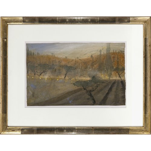 Eigner, Friedrich. Toskanalandschaft I. Mischtechnik, Öl/Acryl/Pastell/Papier. Sign. unten rechts. 29 x 46 cm. In Passepartout und hinter Glas.