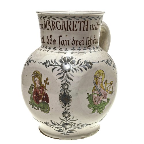 Großer Krug mit Heiligen. Fayence. H. 26 cm.