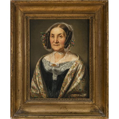 Zeit des Biedermeiers. Porträt in Halbfigur einer Dame,. Öl/Lw. Unsign. 29 x 23 cm. Alterungsspuren, Craquelé.