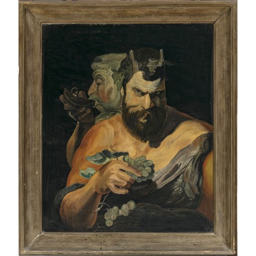 Deutsch, 19. Jh., nach Rubens. Zwei Satyrn. Vorbild Peter Paul Rubens, Alte Pinakothek, München. Öl/Hartfaser. 79 x 64,5 cm. Unsign. Alterungs- und Gebrauchsspuren.